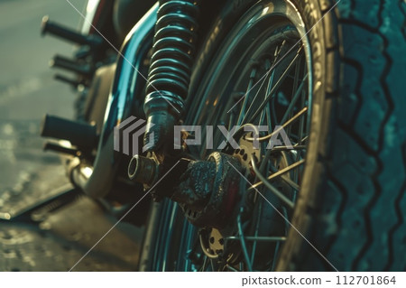 The rear wheel on a motorcycle. Ride concept The rear wheel on a motorcycle. Ride concept 112701864