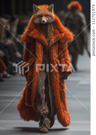 A stylish Fox in a fashionable coat at a fashion show 112701978
