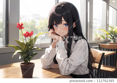 一位黑髮女士在咖啡館靠窗的座位上盯著我（AI 生成的圖像） 112702385