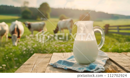 Glass jug of milk on wooden table, cows walking on grass on background. Generative AI 112702924