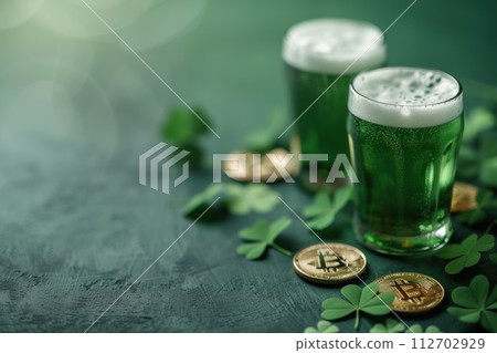Green beer, gold coins and clover, symbols of St. Patrick's Day celebration. Generative AI 112702929
