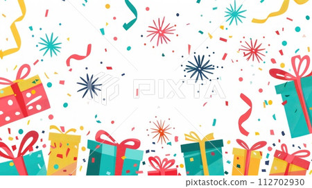 Banner flat design gift and confetti. Generative AI 112702930