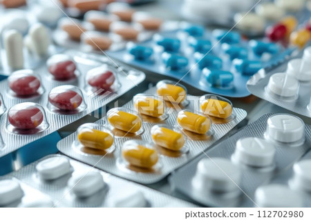 Pile of colorful medicine pills and capsules in blister packs. Generative AI 112702980