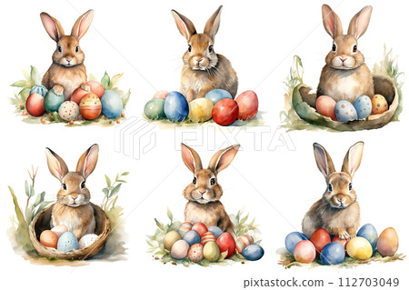 Watercolor Bunnies With Eggs Watercolor Bunnies With Eggs 112703049