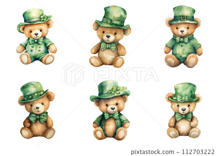 Playful Teddy Bears in Green Hats and Bow Ties 112703222