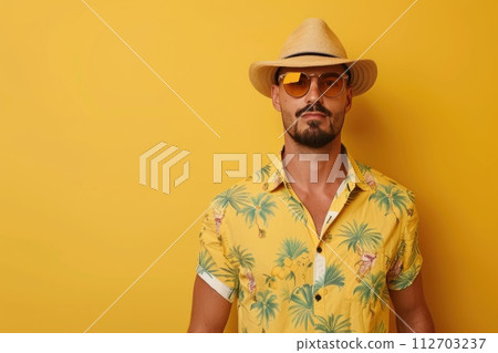 A man wear summer fashion in yellow background. Generative AI 112703237