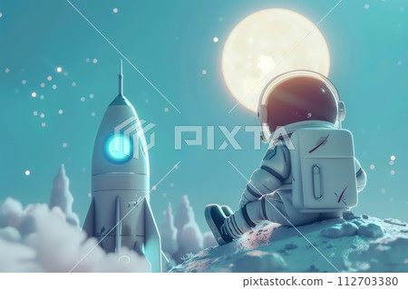 3d cartoon of astronaut and rocket with moon. Generative AI 112703380