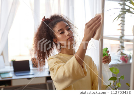 African American young woman cleaning shelves while doing Spring cleaning in cozy home copy space 112703428