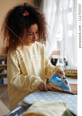Vertical portrait of young woman with funky curly hair ironing clothes at home and doing chores copy space Vertical portrait of young woman with funky curly hair ironing clothes at home and doing chores copy space 112703507