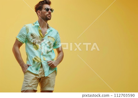 A man wear summer fashion in yellow background. Generative AI A man wear summer fashion in yellow background. Generative AI 112703590