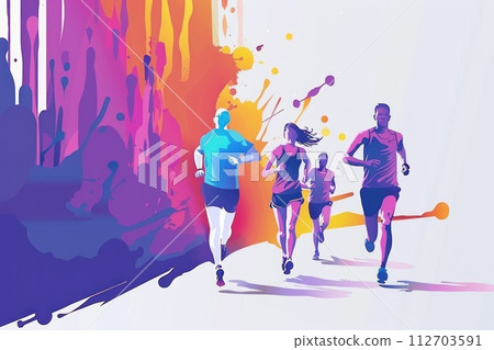 Colorful splash Running marathon poster, people run, colorful poster. Generative AI Colorful splash Running marathon poster, people run, colorful poster. Generative AI 112703591