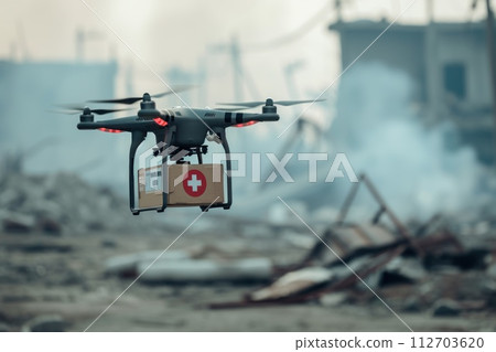 A drone carrying a medical box flying. Disaster area background. Generative AI 112703620