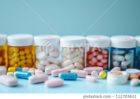 Pile of colorful medicine pills and capsules in blister packs. Generative AI 112703621