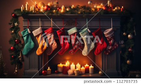 Christmas sock on fireplace mantel. Beautifully decorated living room. Generative AI 112703735