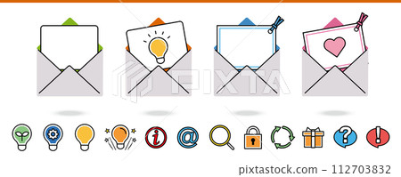 Message card illustration and icon set such as "Inspiration", "Eco", "Information", etc. Message card illustration and icon set such as "Inspiration", "Eco", "Information", etc. 112703832