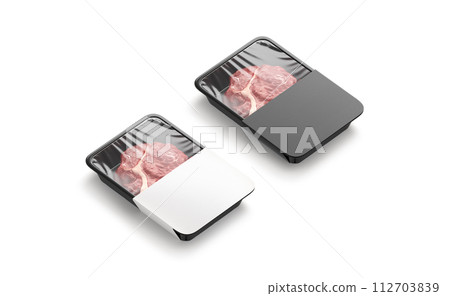 Blank plastic beef tray with black and white label mockup 112703839