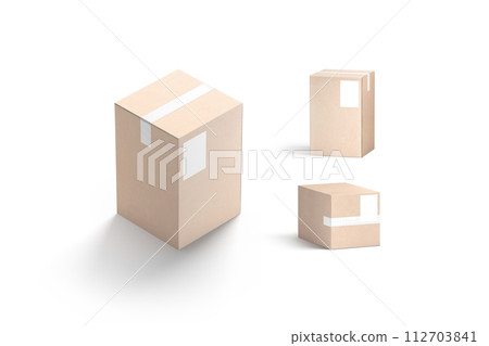Blank white shipping label on craft box mockup, different sides Blank white shipping label on craft box mockup, different sides 112703841