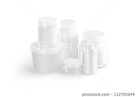 Blank white protein can, bottle and shaker mockup, side view 112703844