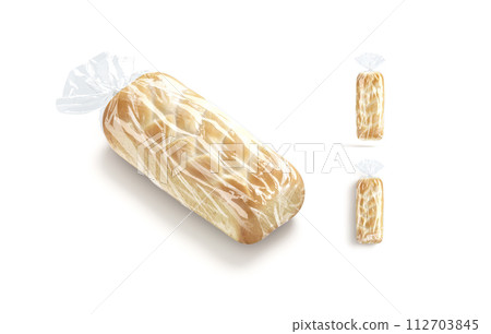 Blank bread in transparent cellophane pack mockup, different views 112703845