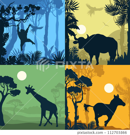 Set of flat cards with savannah animals silhouettes 112703866