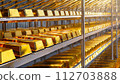 Many gold bars were placed on the iron shelves In the bank vault 112703888