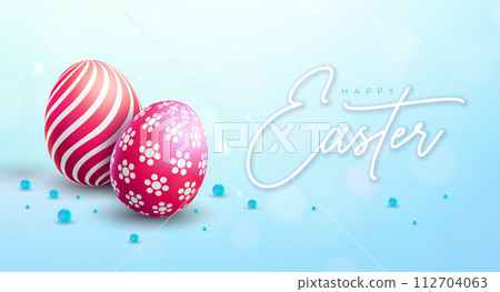 Happy Easter Holiday Banner Design with Colorful Egg and Typography Lettering on Blue Background. International Christian Religious Celebration Banner Design for Greeting Card or Party Invitation or 112704063