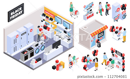 Isometric black friday composition home appliances store 112704081