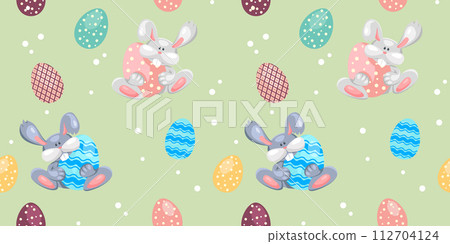 Easter background with bunny and eggs. Seamless pattern for the spring holiday. For deoration, invitation, packaging, fabric printing. Easter background with bunny and eggs. Seamless pattern for the spring holiday. For deoration, invitation, packaging, fabric printing. 112704124