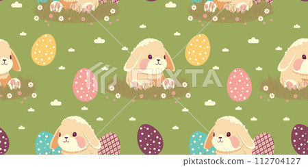 Easter background with bunny and eggs. Seamless pattern for the spring holiday. For deoration, invitation, packaging, fabric printing. 112704127