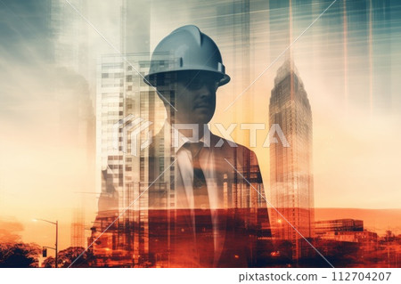 Double exposure photography of an engineer and the sightly skyscraper. Generative AI 112704207