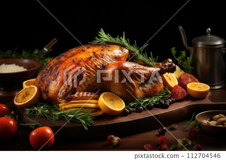 Delicious Turkey on a table nicely decorated in a garden Thanksgiving minimalist. Generative AI 112704546