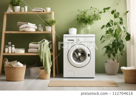 Washing machine in a white room with plants beside it. Generative AI 112704618