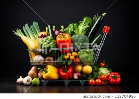 Shopping trolley full with vegetables and fruits. Generative AI 112704986