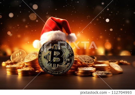 Bitcoin wearing Santa hat Christmas background. Generative AI 112704993
