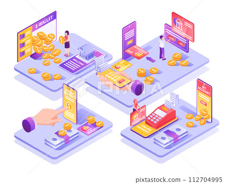 Isometric mobile and digital banking services composition illustration Isometric mobile and digital banking services composition illustration 112704995