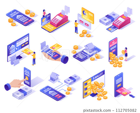 Isometric mobile and digital banking services illustration set 112705082