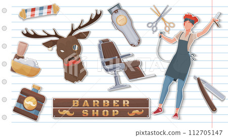 Hand drawn vintage barbershop elements with stickers collection Hand drawn vintage barbershop elements with stickers collection 112705147