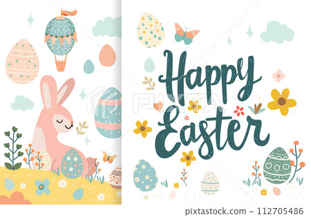 Happy Easter greeting card with eggs in air balloons shape spring holiday celebration card horizontal Happy Easter greeting card with eggs in air balloons shape spring holiday celebration card horizontal 112705486