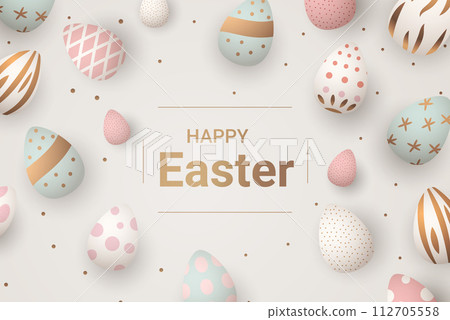 Happy Easter greeting card with eggs in pastel colors spring holiday celebration card horizontal 112705558