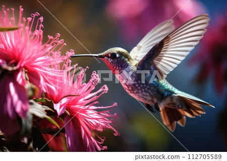 Hummingbird hovering next to flowers. Generative AI 112705589