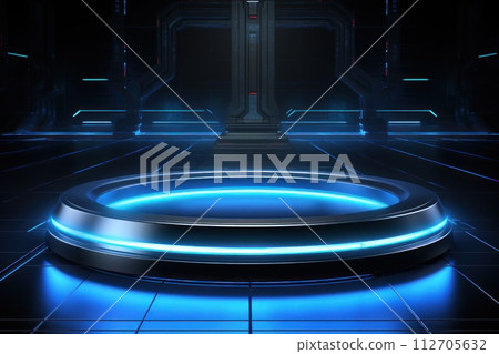 An open circular platform for product display, with a blue color scheme. Generative AI 112705632