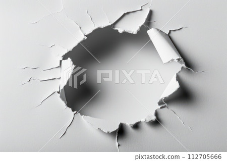 Torn white paper with a circular gap in the middle. Generative AI Torn white paper with a circular gap in the middle. Generative AI 112705666