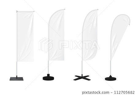 Realistic beach flags or banner stands, blank mockups of outdoor advertising, isolated vector. White beach flags, feather, bow or teardrop and rectangle banner stands on poles for promotion display 112705682
