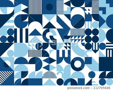 Abstract modern blue marine geometric pattern. Vector mosaic tile background, features bold shapes and elements in colors of ocean waves, creating a dynamic and soothing contemporary aesthetics design Abstract modern blue marine geometric pattern. Vector mosaic tile background, features bold shapes and elements in colors of ocean waves, creating a dynamic and soothing contemporary aesthetics design 112705686
