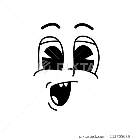 Cartoon face or comic groovie smile with eyes and mouth, vector funny cute character. Retro groovy emoji or emoticon with facial, emotion expression of wow surprise or amazed with open mouth and teeth 112705689