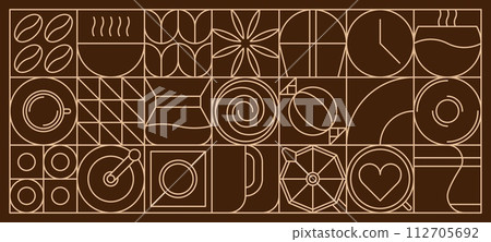 Coffee abstract modern line geometric pattern or mosaic tile, vector background. Coffee cup and moka pot with cappuccino and espresso, coffee beans and chocolate candy in geometric linear pattern Coffee abstract modern line geometric pattern or mosaic tile, vector background. Coffee cup and moka pot with cappuccino and espresso, coffee beans and chocolate candy in geometric linear pattern 112705692