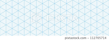 Blue isometric triangular grid pattern, paper mesh background. Seamless guide for engineering or mechanical layout drawing and sketching. Blueprint for architecture and design projects 112705714
