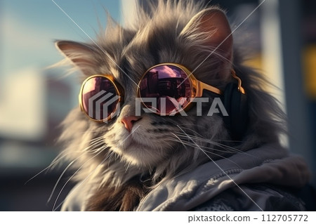 Portraits side view Fashionable cat Humanized, Sunglasses ,Ear Headphones. Generative AI 112705772