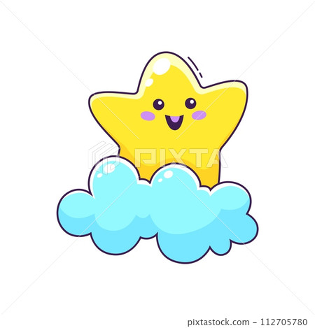 Cartoon cute kawaii star character on cloud. Happy smiling little twinkle star vector personage standing on blue cloud in the sky. Cheerful superstar waving cartoon emoticon, space object emoji 112705780