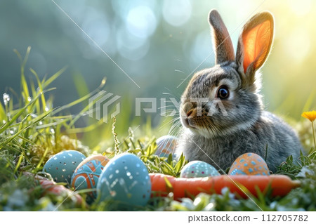Rabbit with carrot and Easter eggs. Generative AI 112705782